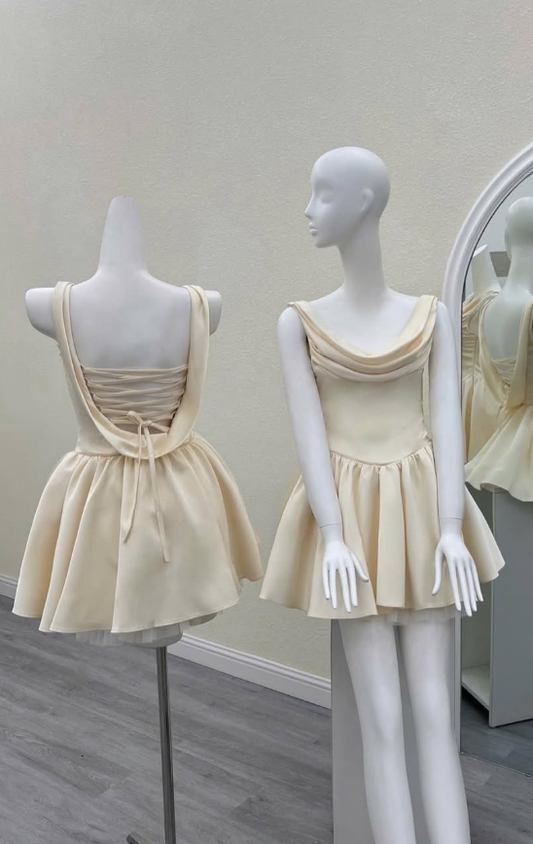 Light Champagne A Line Strap Satin Open Back Mini Homecoming Dress DP2806