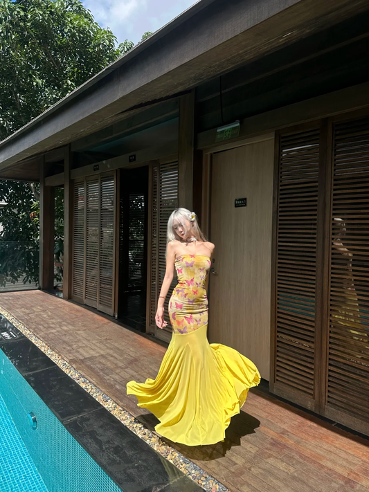 Yellow Mermaid Strapless Butterfly Print Chiffon Vacation Dress Outfits DP3844