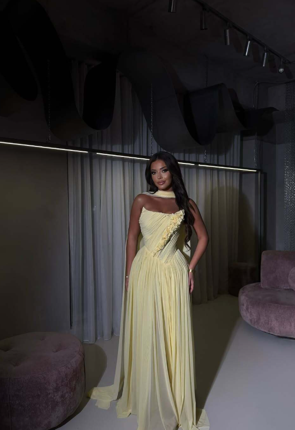 Yellow A Line Strapless Pleated Chiffon Long Prom Dress Wedding Guest Dress DP4323