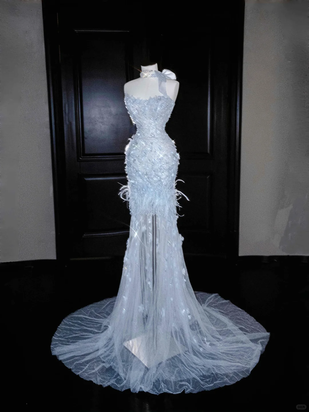 Baby Blue Mermaid Sweetheart Neck Beaded Feathder Tulle Prom Dress Evening Dress DP2811