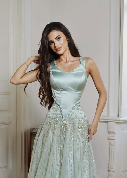 Unique Green A Line V Neck Beaded Satin Long Prom Dress Evening Dress DP6059