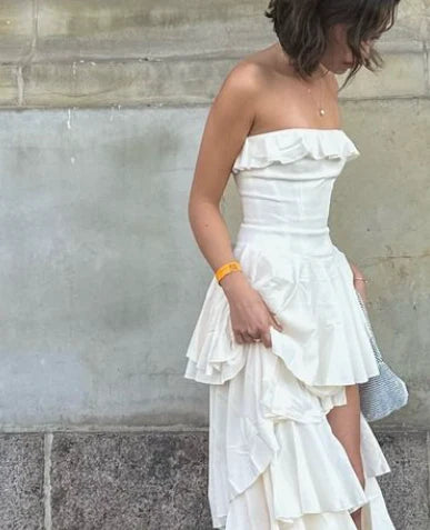 Gorgeous A Line Strapless Tiered Ivory Satin Long Prom Dresses Formal Evening Dress DP2378
