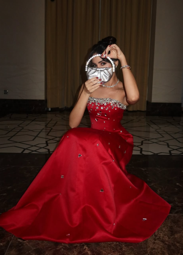 Stunning Red A Line Strapless Shiny Beaded Satin Prom Dress Wedding Guest Dress DP4917