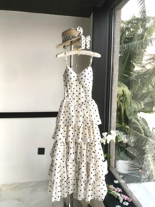 Cute A Line Spaghetti Strap Polka Dot Tiered Chiffon Party Dress Evening Dress DP2414