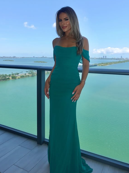 Unique Green Sheath Off the Shoulder Chiffon Prom Dress Evening Dress Date Dress DP6198