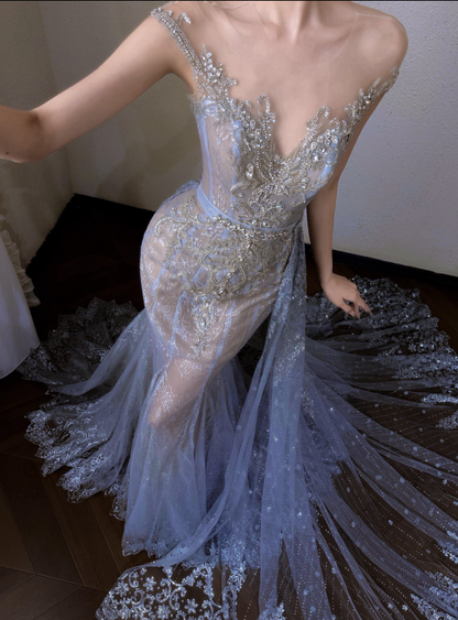 Fairy Lilac Mermaid Off the Shoulder Beaded Tulle Prom Dress Evening Dress DP6623