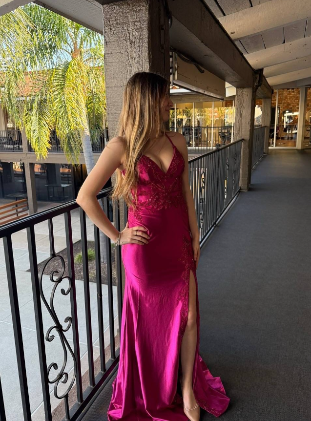 Hot Pink Mermaid Straps Appliques Satin Long Prom Dress Evening Dress with Slit DP5944