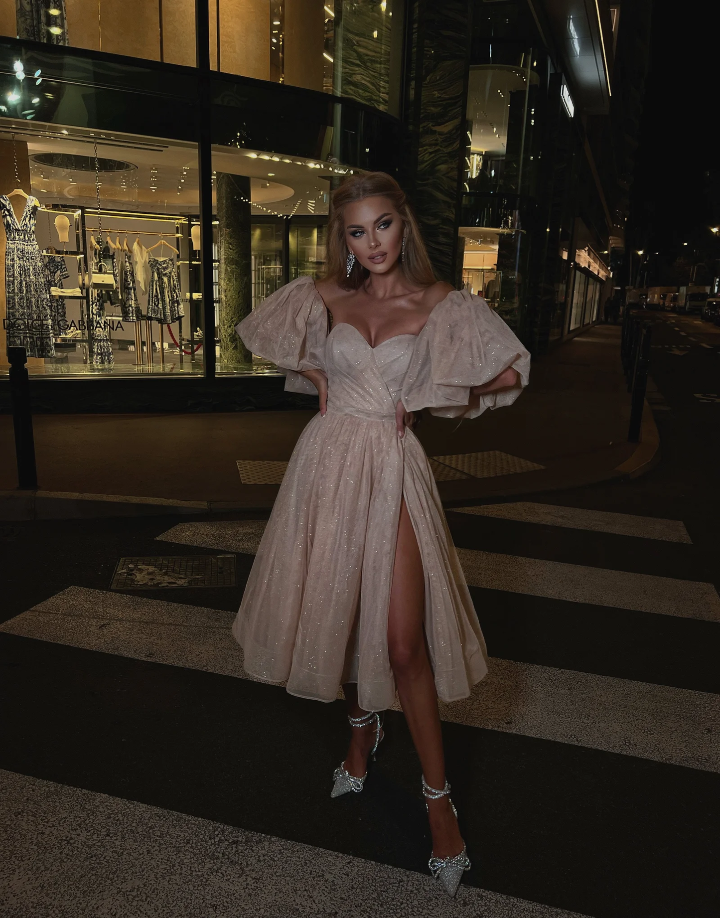 Shiny Ball Gown Puff Light Blue Sequin Short Prom Dress Homecoming Dress with Slit DP3937