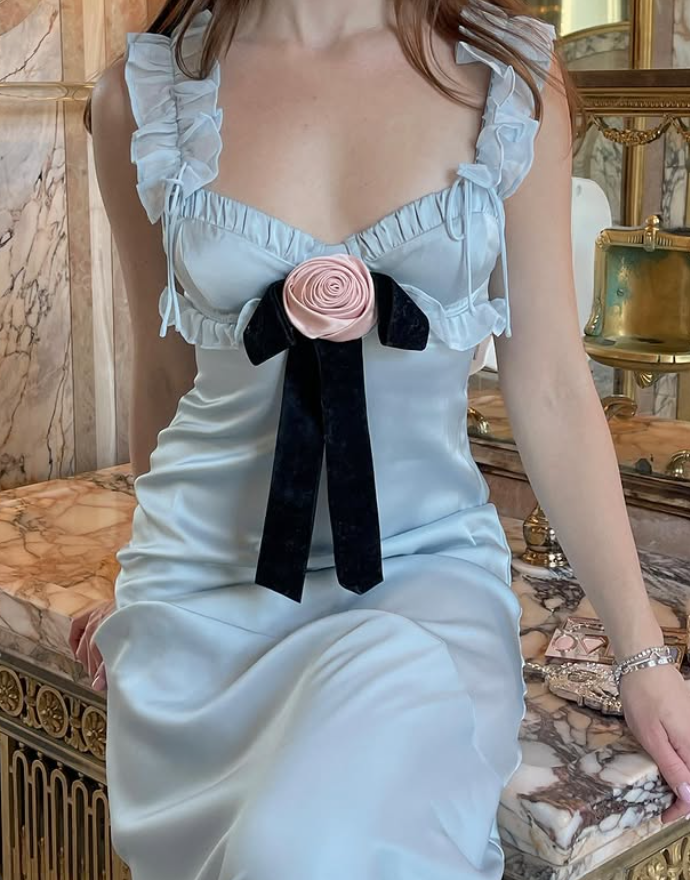 Gentle Blue Sheath Straps Floral Satin Long Prom Dress Outfits DP4433