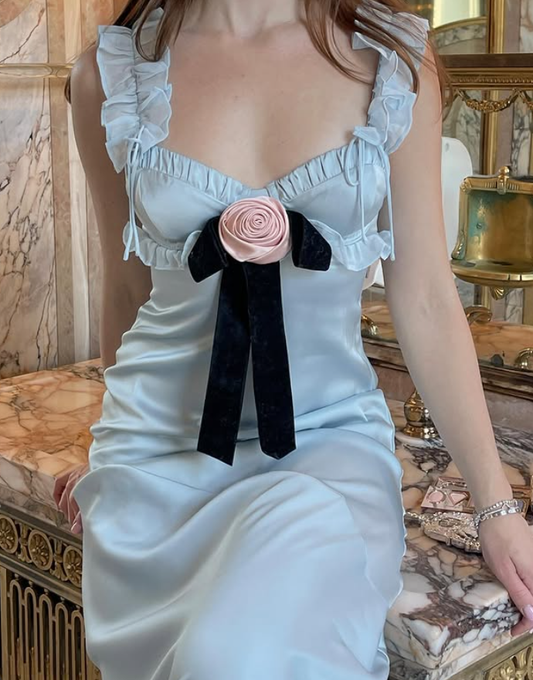 Gentle Blue Sheath Straps Floral Satin Long Prom Dress Outfits DP4433