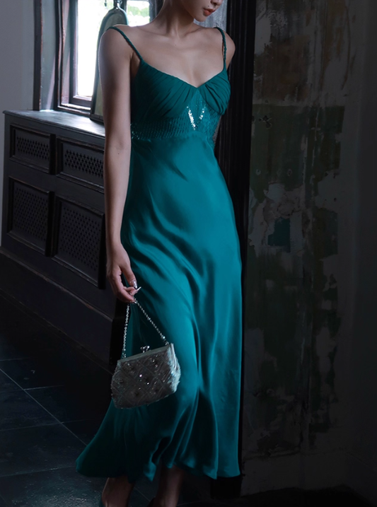 Lake Blue Sheath Spaghetti Strap Beaded Satin Long Prom Dress Party Dress Date Dresses DP3683
