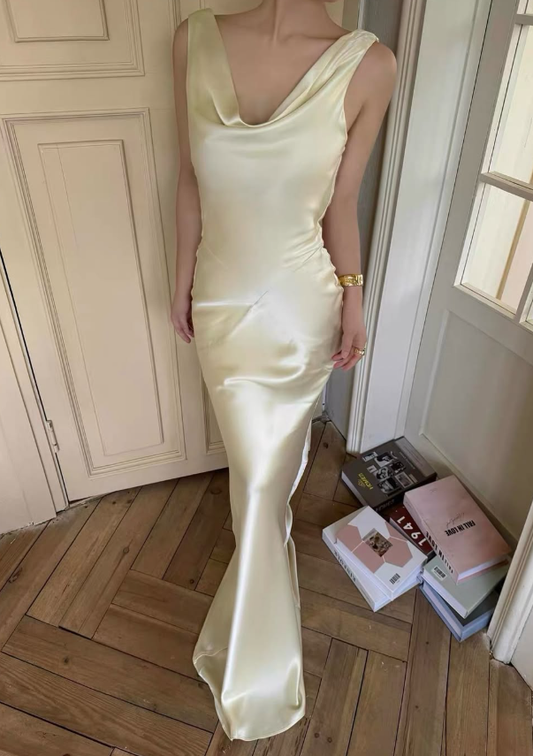 Backless Sheath Light Yellow Satin Long Prom Dress Evening Dress DP7954