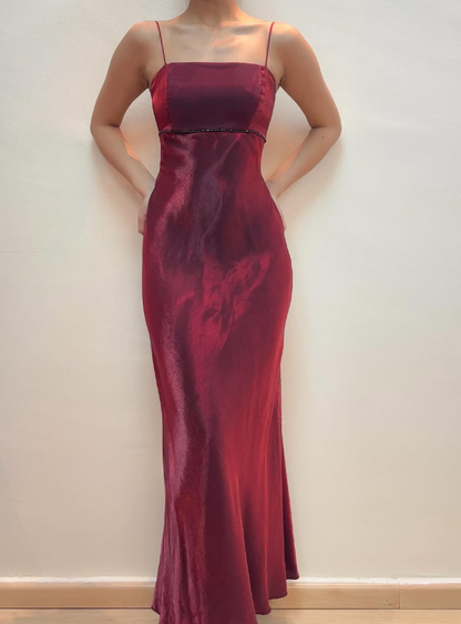 Simple Vintage Sheath Spaghetti Strap Beaded Burgundy Prom Dress Evening Dress DP1800