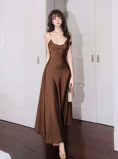 Simple Brown A Line Spaghetti Strap Satin Prom Dress Evening Dress DP5919