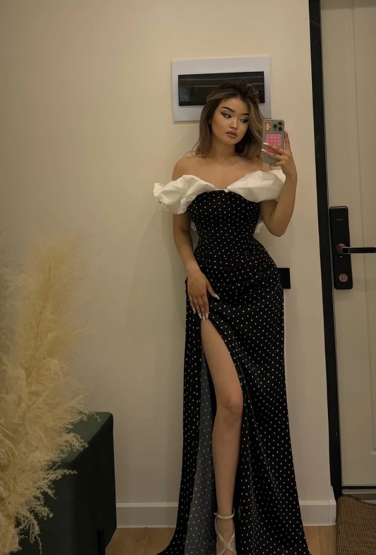 Polka Dot Sheath Off the Shoulder Satin Long Prom Dress Evening Dress with Slit DP5636