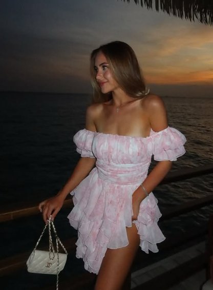 Sweety Pink A Line Off the Shoulder Print Chiffon Short Homecoming Dress Outfits DP5998