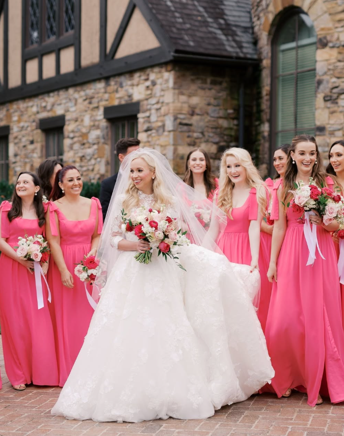 Stunning Pink Bow A Line Straps Chiffon Long Bridesmaid Dress DP4976