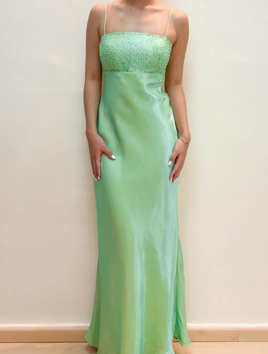 Stunning Sheath Spaghetti Strap Beaded Green Satin Prom Dress Evening Dress DP1762