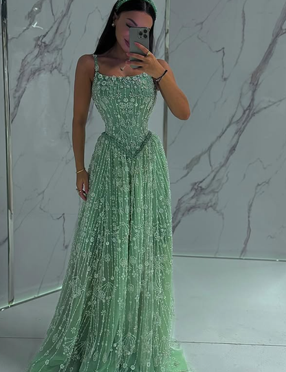 Glamour Green A Line Straps Shiny Beaded Tulle Long Prom Dress Evening Dress DP6060