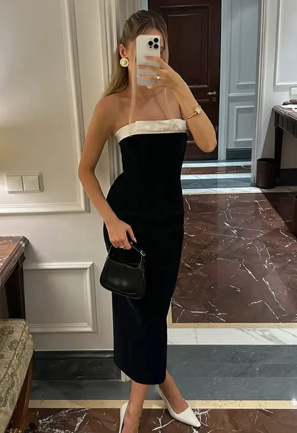 Classic Black-white Sheath Strapless Satin Long Prom Dress Evening Prom Dress DP4889