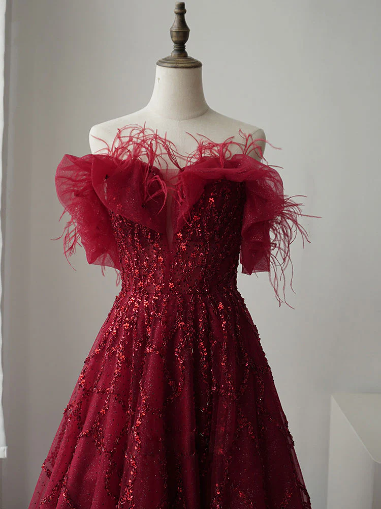 Burgundy Tulle Sequin Beaded Long Prom Dress Evening Dress DP446