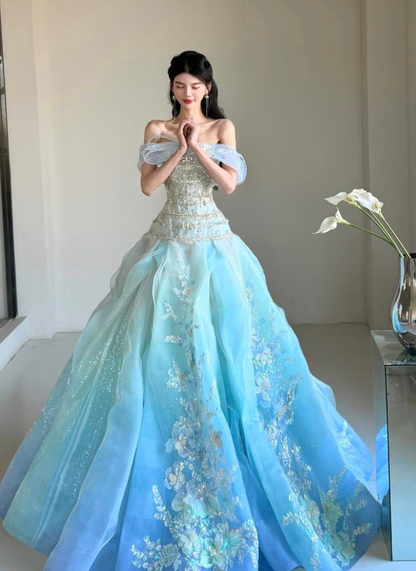 Charming Blue Ombre Ball Gown Exquisite Beaded Organza Prom Dress Quinceanera Dress DP6602