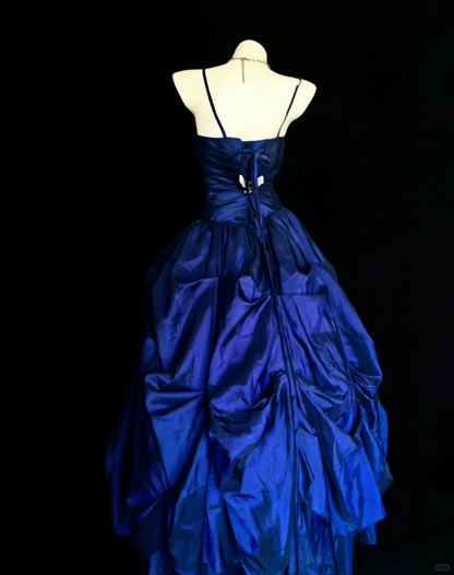 Vintage A Line Spaghetti Straps Beaded Dark Blue Satin Prom Dress Evening Dress DP4725