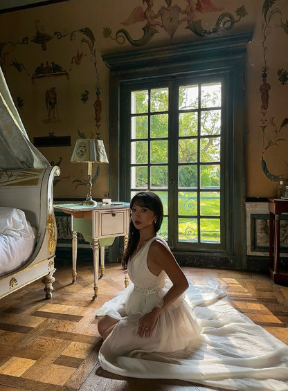 Elegant A Line V Neck Beaded White Chiffon Prom Dress Evening Dress with Slit DP4403