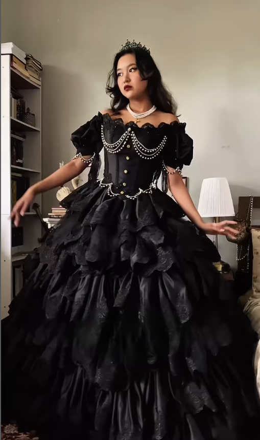 Black Ball Gown Puff Pearl Layered Lace Satin 16th Birthday Dress Quinceanera Dress DP4437