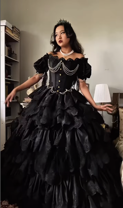 Black Ball Gown Puff Pearl Layered Lace Satin 16th Birthday Dress Quinceanera Dress DP4437