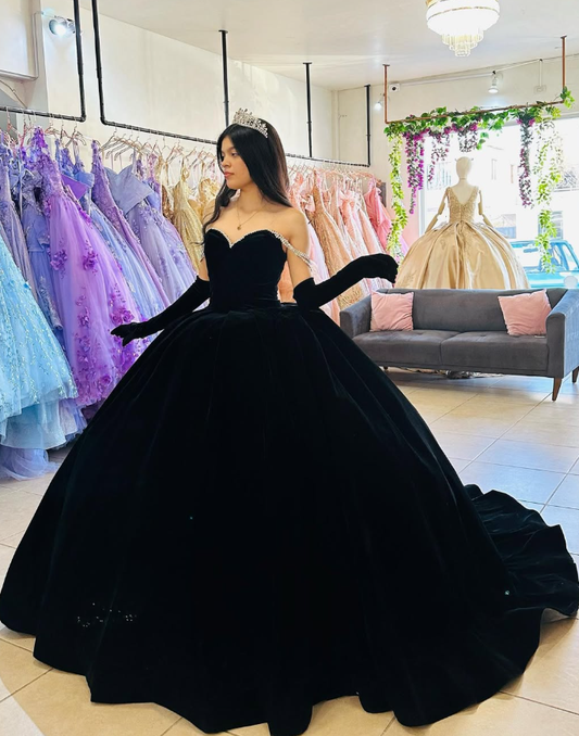 Black Swan Pearl Unique Velvet Ball Gown Sweet 16 Dress Quinceanera Dress DP3027
