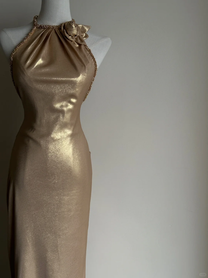 Golden Mermaid Halter Exquisite Beaded Satin Prom Dress Formal Dress Evening Dress DP3448
