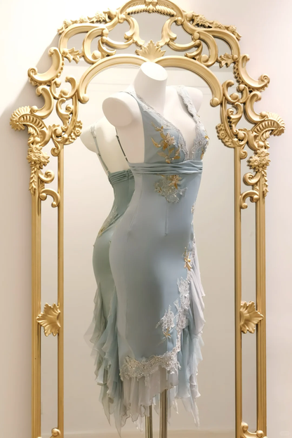 Baby Blue Sheath V Neck Appliques Chiffon Satin Short Prom Dress Homecoming Dress DP5434