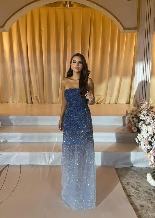 Shiny Navy Blue Ombre A Line Strapless Sequin Prom Dress Evening Dress DP4678