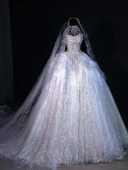 Luxurious Ball Gown Halter Layered Sequin Beaded Tulle Long Sweep Wedding Dress DP5052