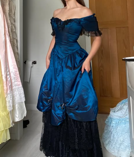 Vintage A Line Blue Satin Black Lace Prom Dress Evening Dress DP5637