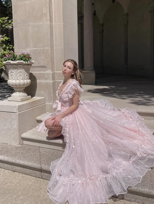 Stunning Light Pink A Line V Neck Tulle Prom Dress Outfits with Slit DP4456