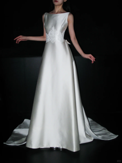 Backless Simple A Line White Beaded Lace Satin Long Wedding Dress DP5791