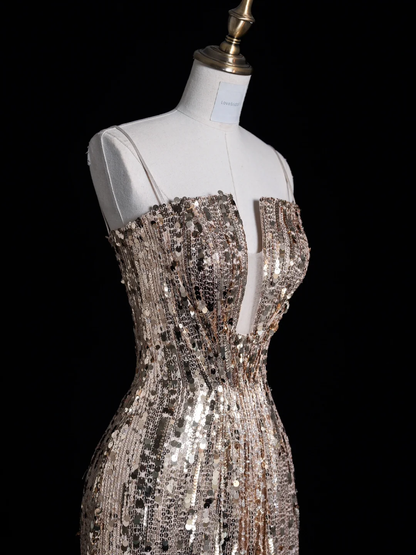 Shiny Sheath Strapless Golden Sequin Long Prom Dress Evening Dress DP2097