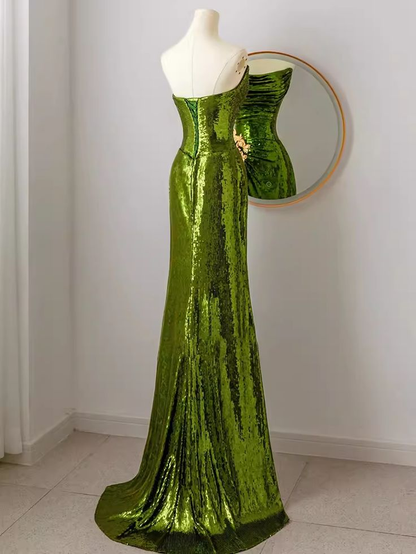 Sparkly Mermaid Strapless Long Sequin Green Prom Dress DP153