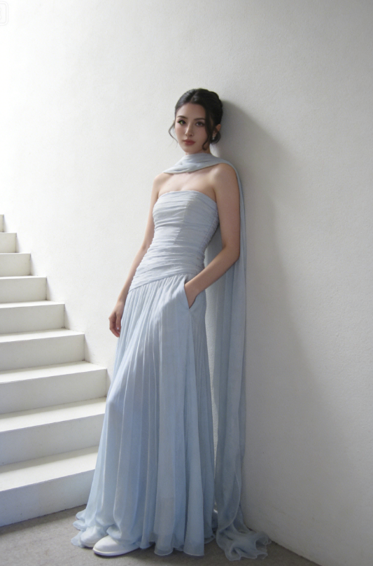 Baby Blue A Line Strapless Pleated Chiffon Long Prom Dress Party Dress DP2582