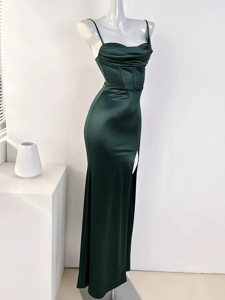 Sexy SheathSleeveless Green Satin Prom Dress DP246