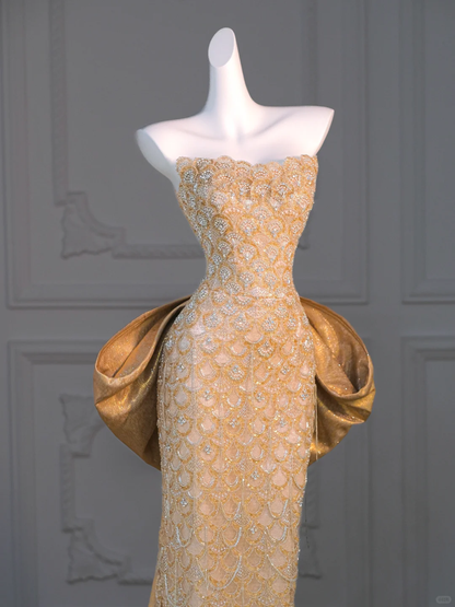 Golden Sheath Strapless Beaded Satin Long Party Dress Evening Dress with Slit DP2594