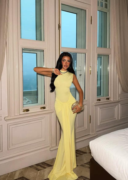Sexy Yellow Mermaid High Neck Pleated Satin Long Prom Dress Party Dress DP8213