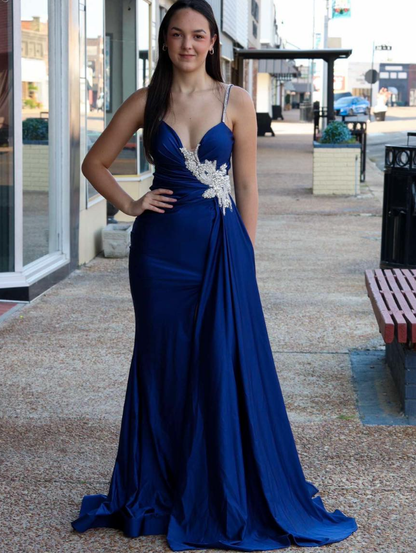 Navy Blue A Line Spaghetti Strap Beaded Satin Prom Dress Evening Dress DP6593