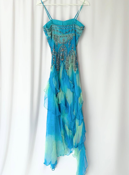 Vintage Blue Green Ombre Mermaid Ruffle Beaded Chiffon Homecoming Dress Evening Dress Date Dress DP3040