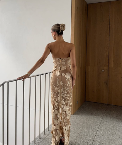 Brown Sheath Sweetheart Neck Appliques Satin Long Prom Dress Evening Dress DP1484