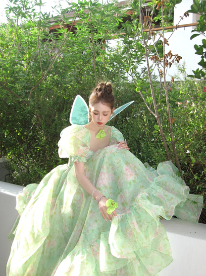 Green Ball Gown Puff Print Floral Ruffle Chiffon Long Party Dress Birthday Dress DP2418
