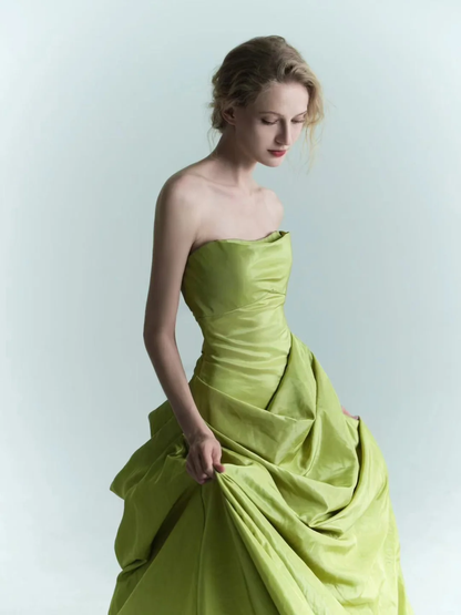 Charming Green Ball Gown Strapless Pleated Satin Prom Dress Formal Gown DP3721