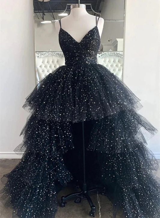 Shiny High Low Black Long Formal Evening Dress V Neck Tulle Layered Prom Dress DP215